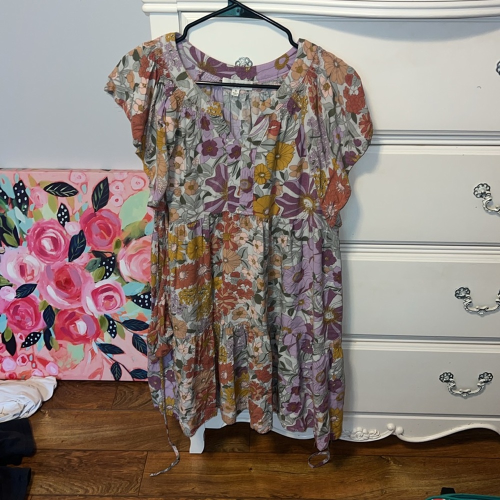 Umgee Floral Tiered Mini Dress in Lavender, Mustard & Rust - Picture 2 of 12